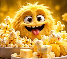 Butter Monster, a golden fuzzy character with a bowl of buttery popcorn
