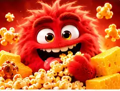 Caramel + Cheddar Monster, a fuzzy red character peeking over a heap of popcorn and cheddar pieces
