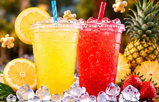 Two iced drinks, a yellow lemonade and a red one, with lemon slices, ice and fresh pineapple