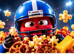 GameTime Monster wearing a blue football helmet over popcorn and pretzels