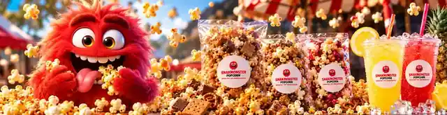 The red fuzzy Snakmonster mid-munch beside clear bags of loaded caramel popcorn and two iced lemonades
