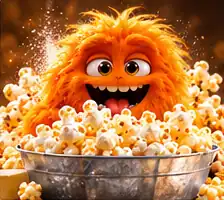 Kettle Monster, an orange fuzzy character in a metal tub of kettle-style popcorn