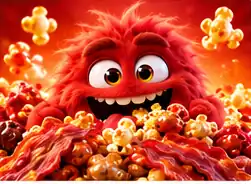 Maple Bacon Monster, a red-orange fuzzy character with bacon pieces and popcorn