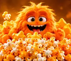 Orange and White Cheddar Monster, an orange fuzzy character in cheesy popcorn