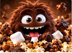 S'mores Monster, a brown fuzzy character with marshmallows and chocolate pieces